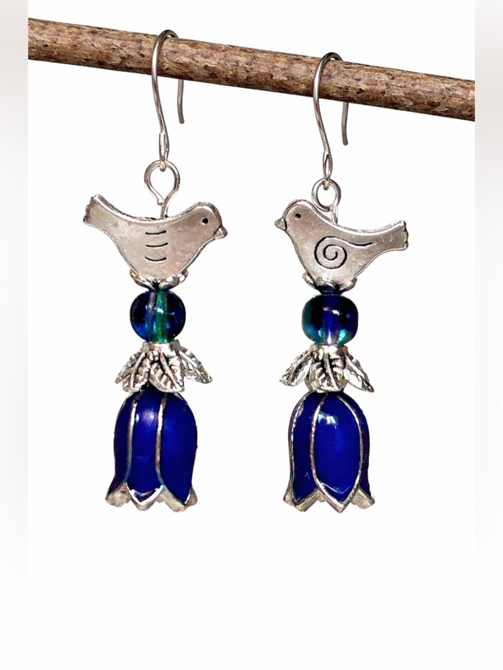 Silver Bird Earrings . Enamel Blue Flower . Boho Dangle Drop - Picture 7 of 7
